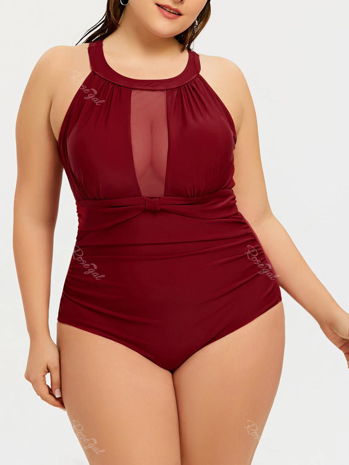 

Plus Size Mesh Insert Backless Swimsuit, Wine red