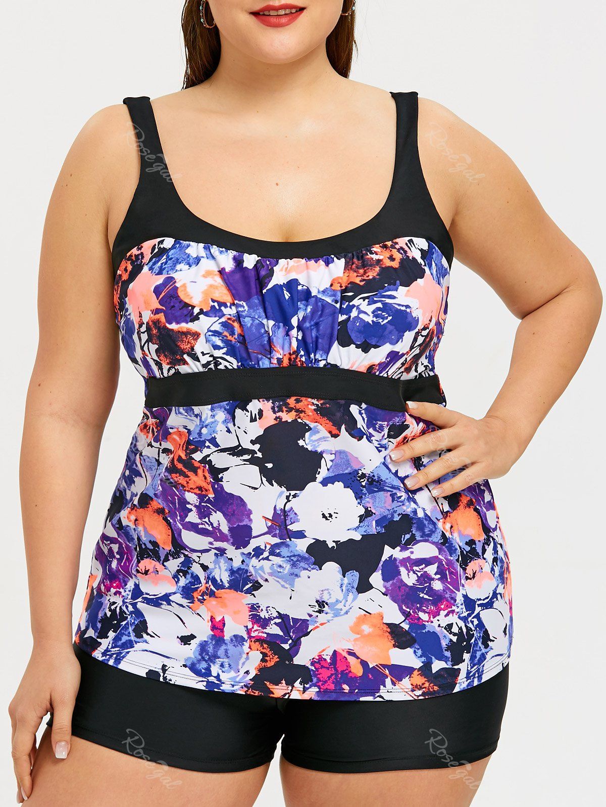 

Plus Size Flower Abstract Print Swim Top, Colormix