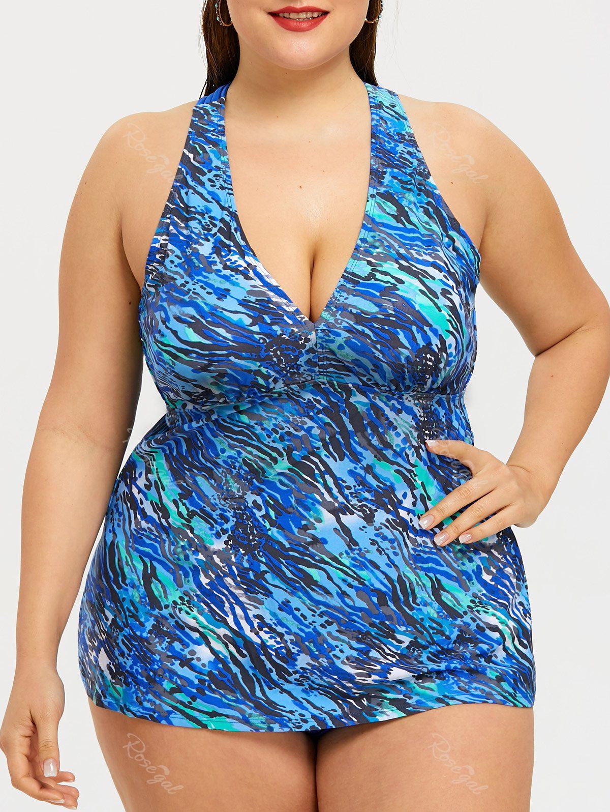 

Strappy Plus Size Camo Tankini Set, Blue