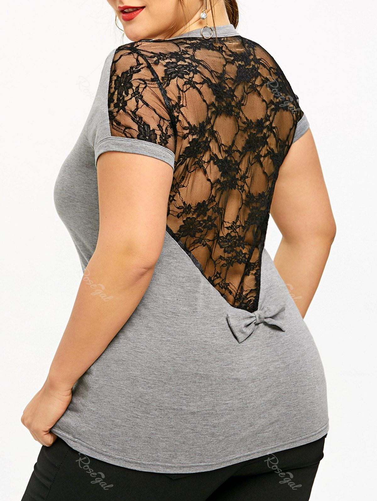 

Plus Size Lace Insert Bowknot T-shirt, Gray