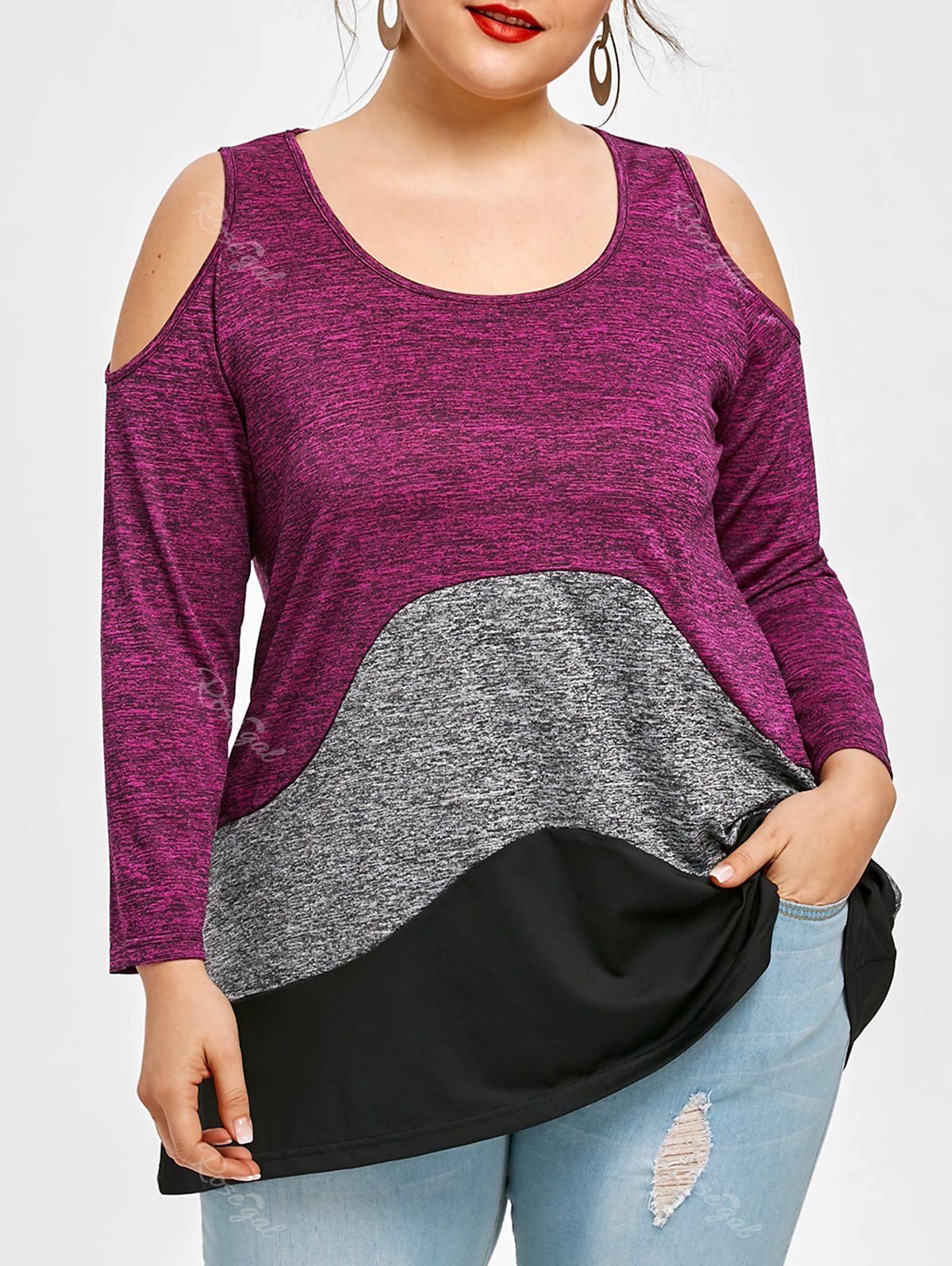 

Color Block Plus Size Cold Shoulder T-shirt, Colormix