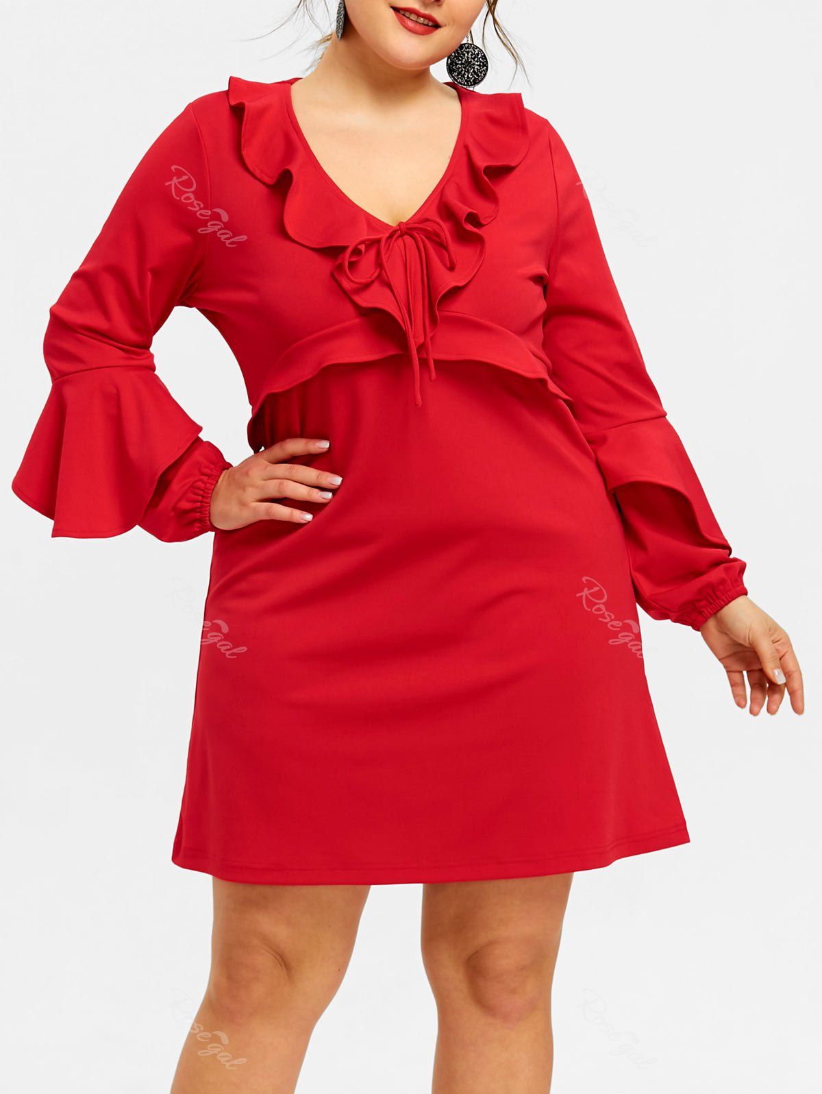 

Plus Size Ruffle Trim Plunge Dress, Red