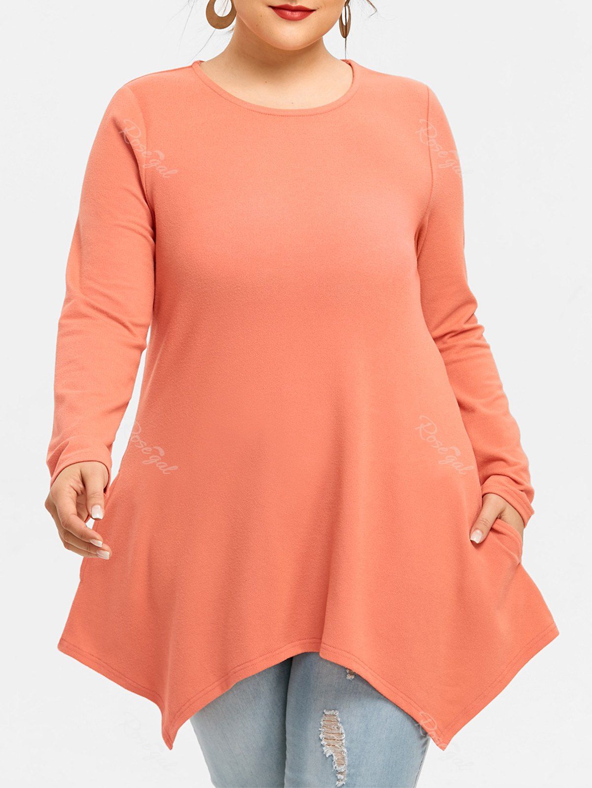 

Plus Size Long Sleeve Asymmetrical T-shirt, Orangepink