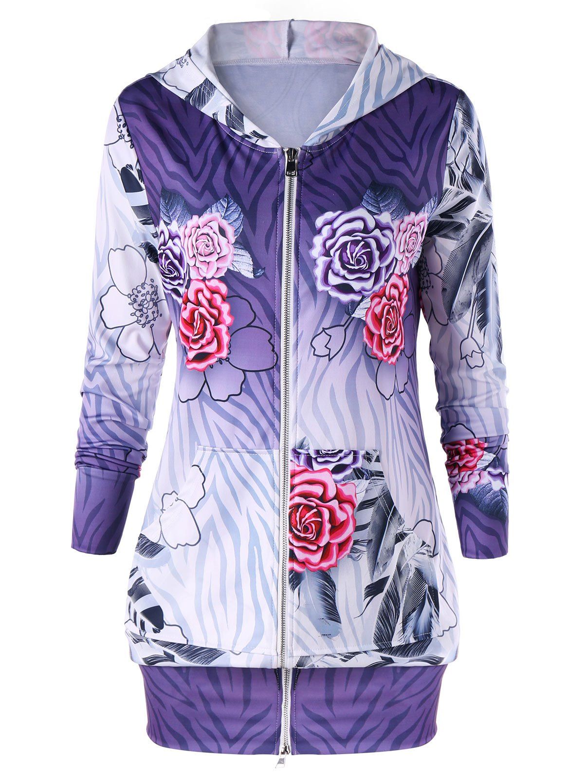 

Zip Up Flower Print Hoodie Dress, Purple