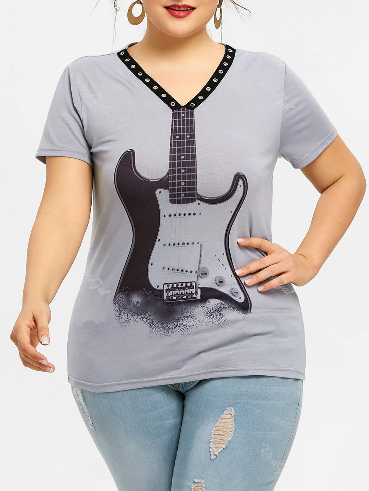 

Plus Size Violin Print Eyelet T-shirt, Gray