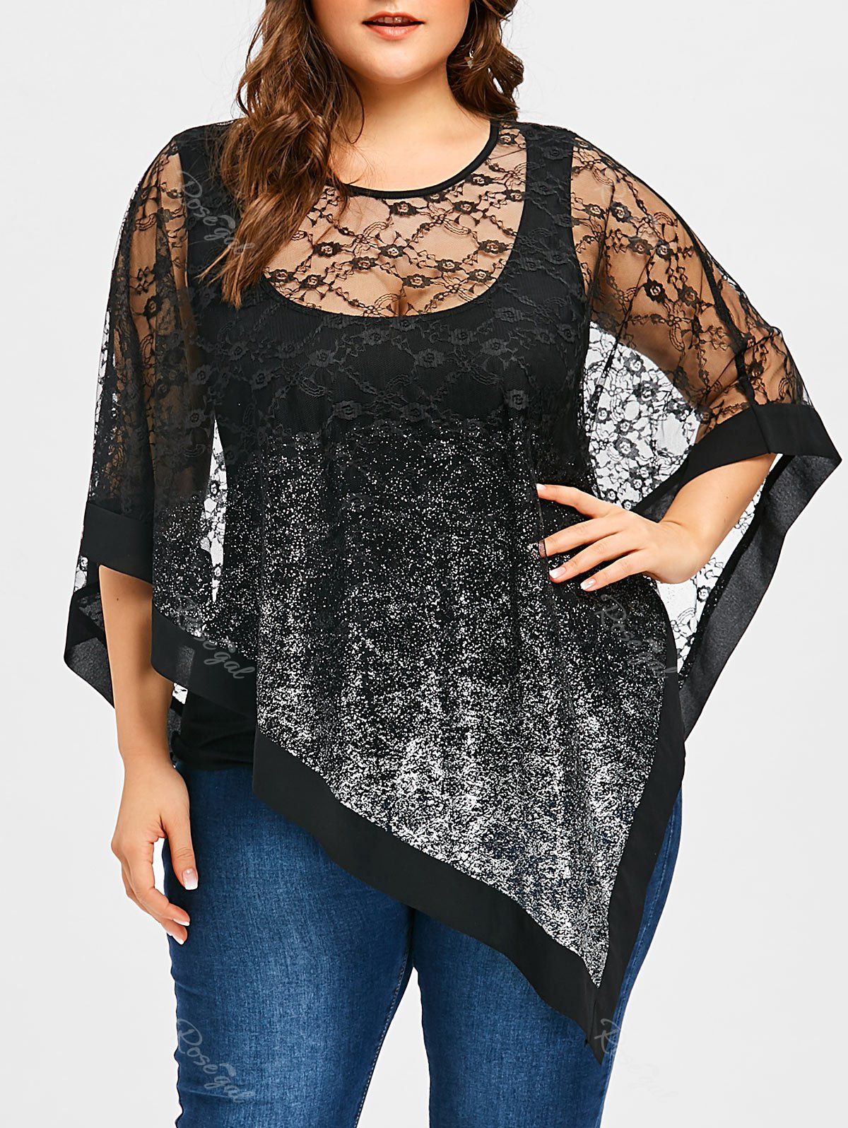 

Plus Size See Thru Asymmetrical Lace Overlay Blouse, Black