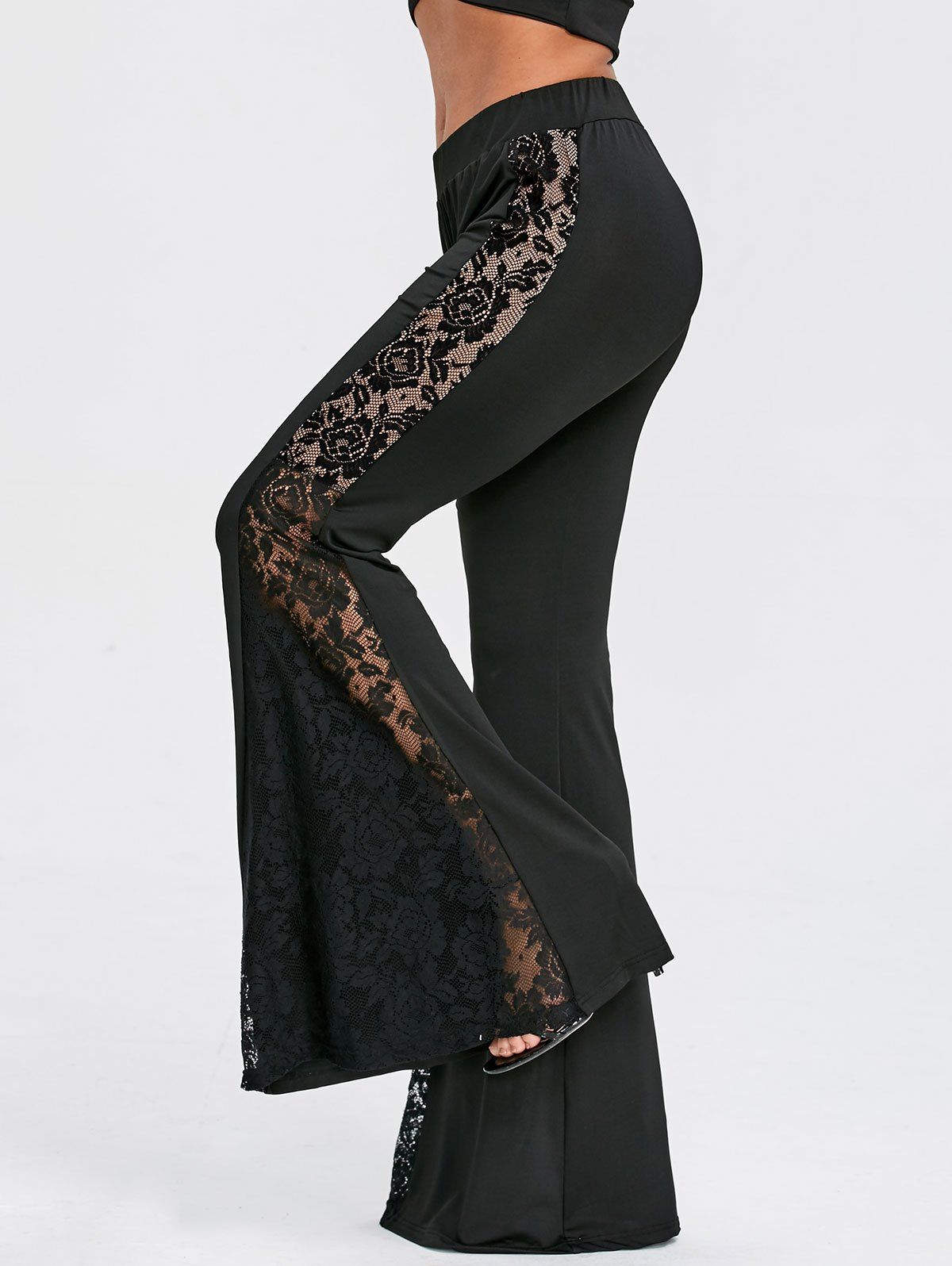 

Lace Panel High Waist Flare Pants, Black
