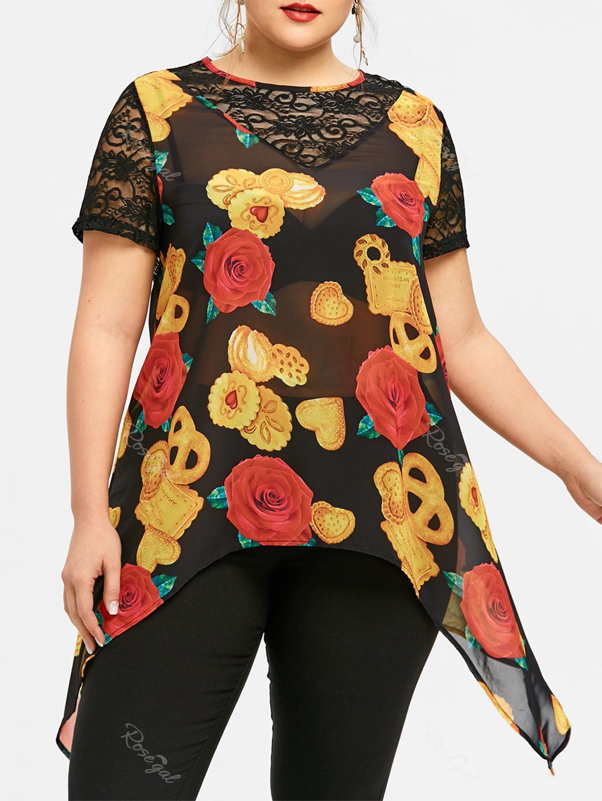 

Plus Size Lace Trim Floral Crescent Hem Blouse, Colormix