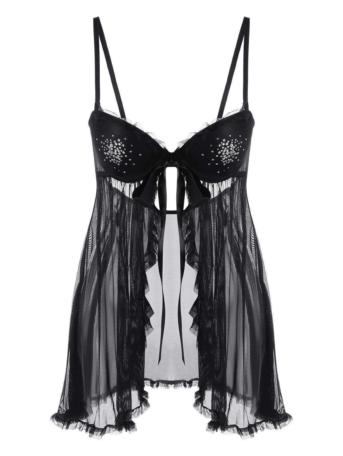

See Thru Cutout Underwire Padded Babydoll with Ruffles, Black