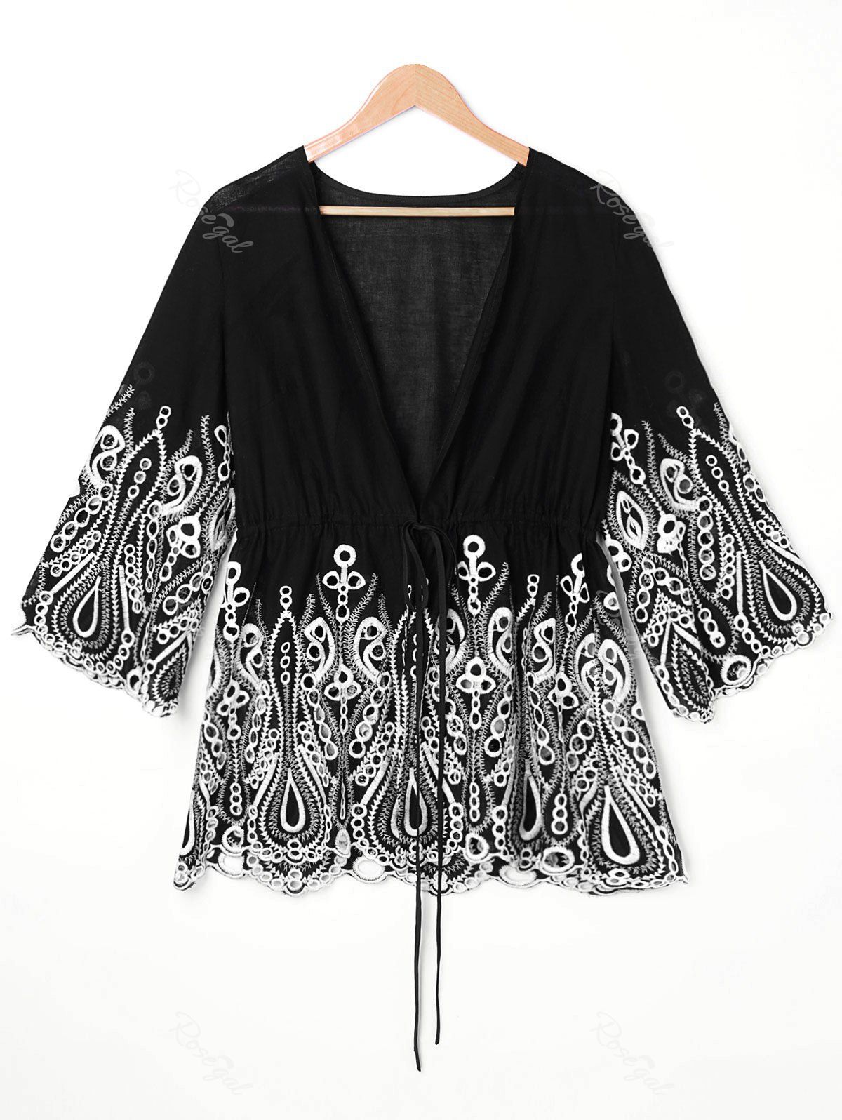 

Embroidered Trim Plus Size Open Front Blouse, Black