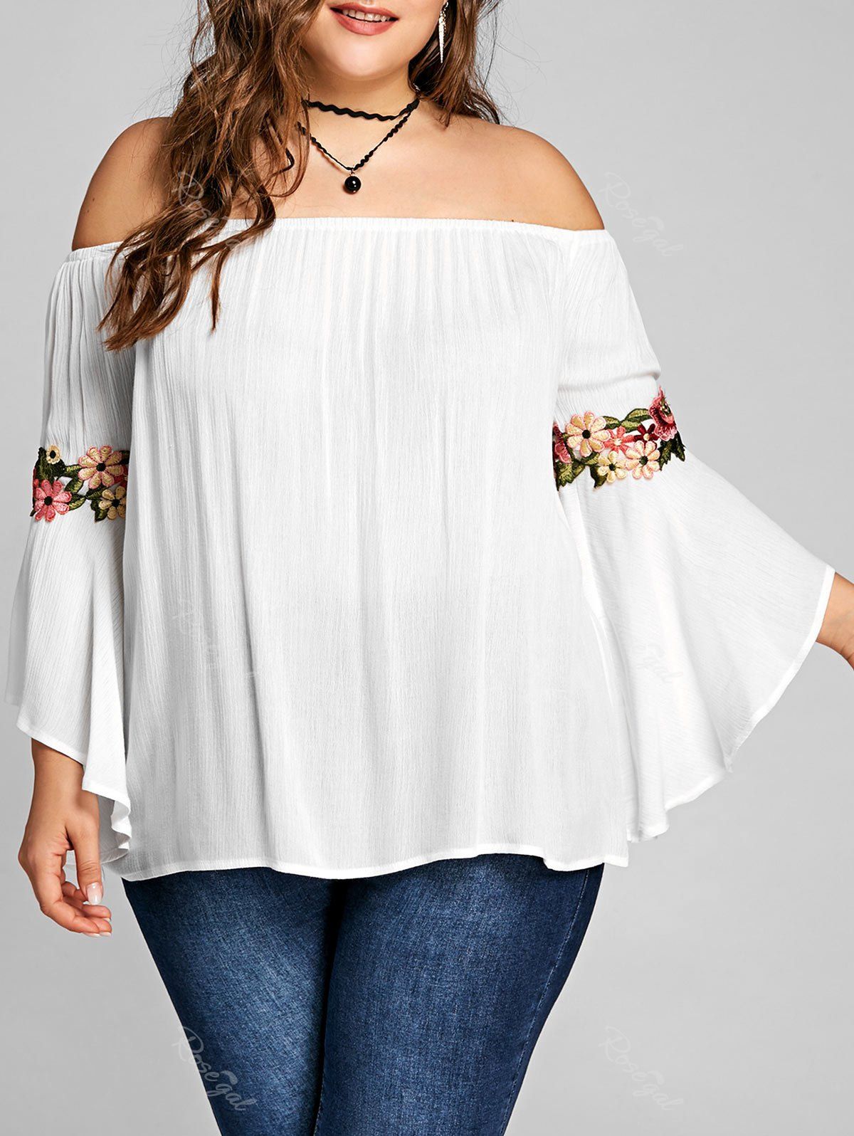 

Plus Size Off The Shoulder Embroidery Blouse, White