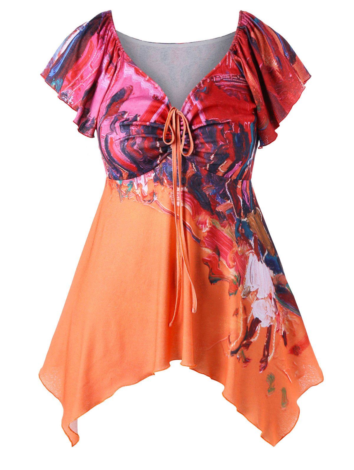 

Plus Size Butterfly Sleeve Oil Painting T-shirt, Colormix