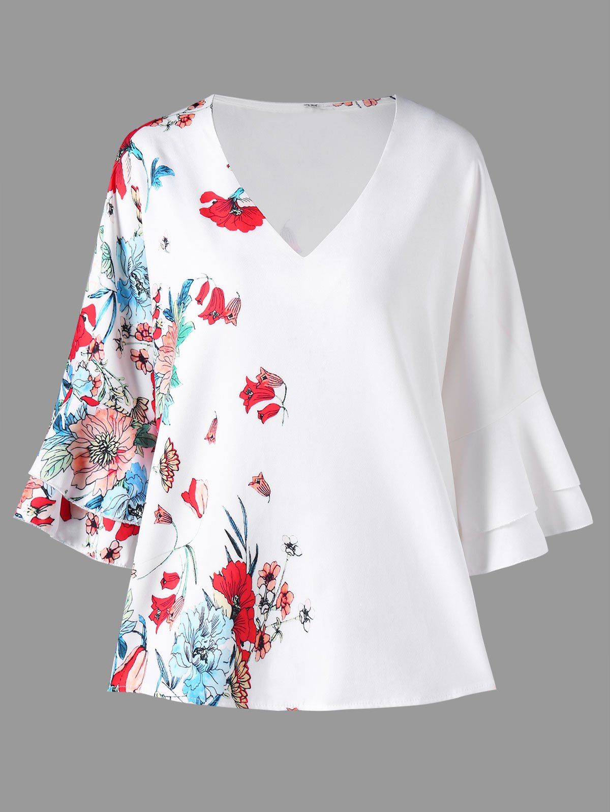 

Flower Print Flare Sleeve Blouse, White