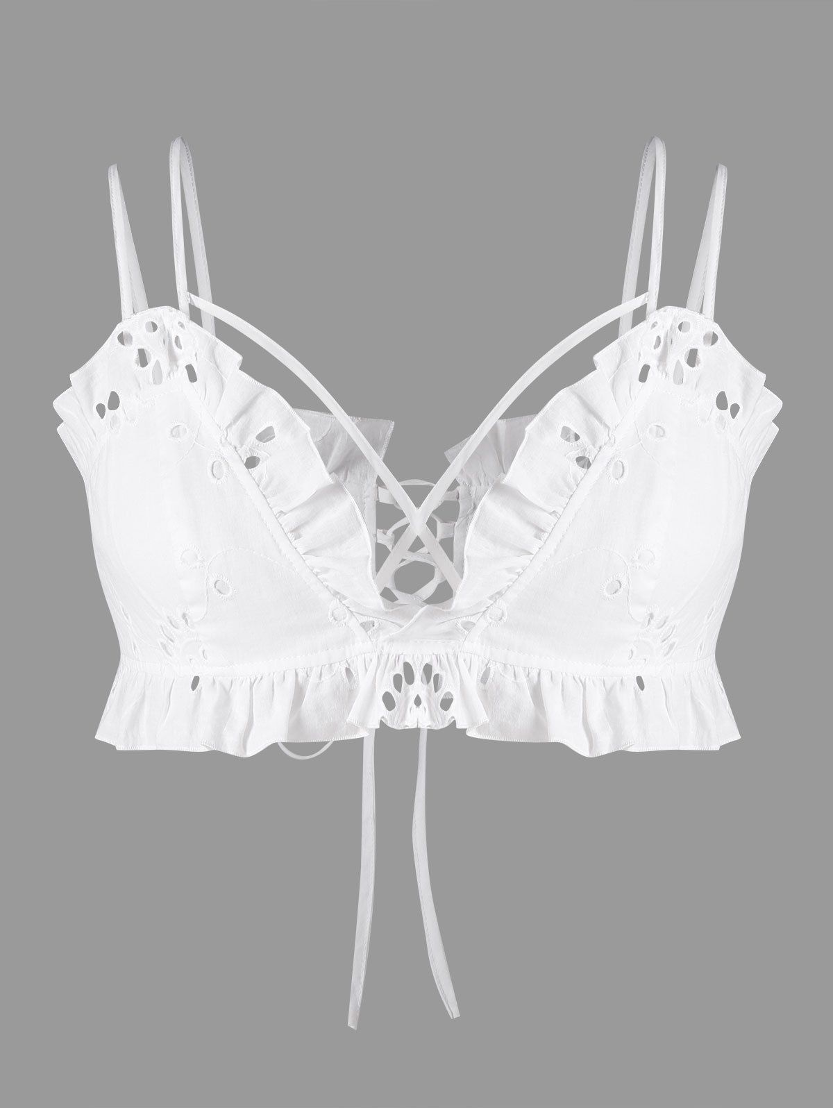 

Spaghetti Strap Ruffled Lace Up Crop Top, White
