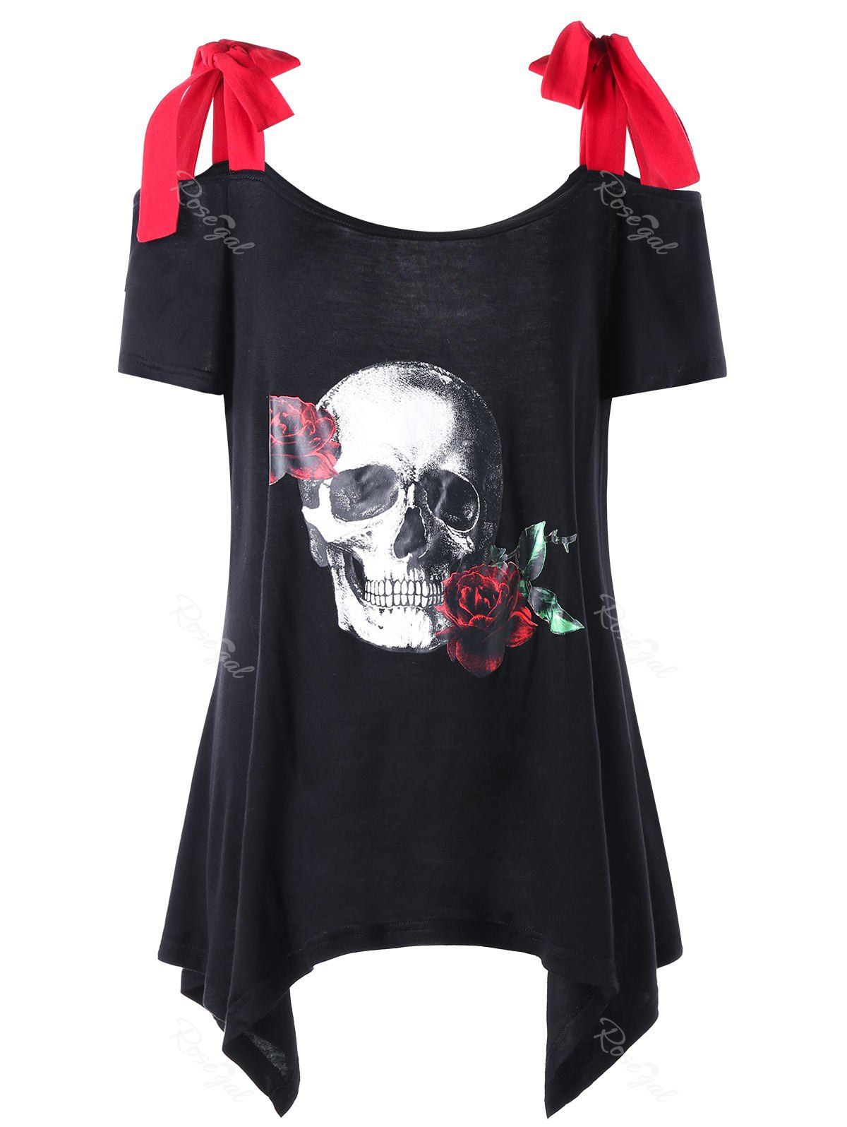 

Plus Size Rose Skull Open Shoulder T-shirt, Black