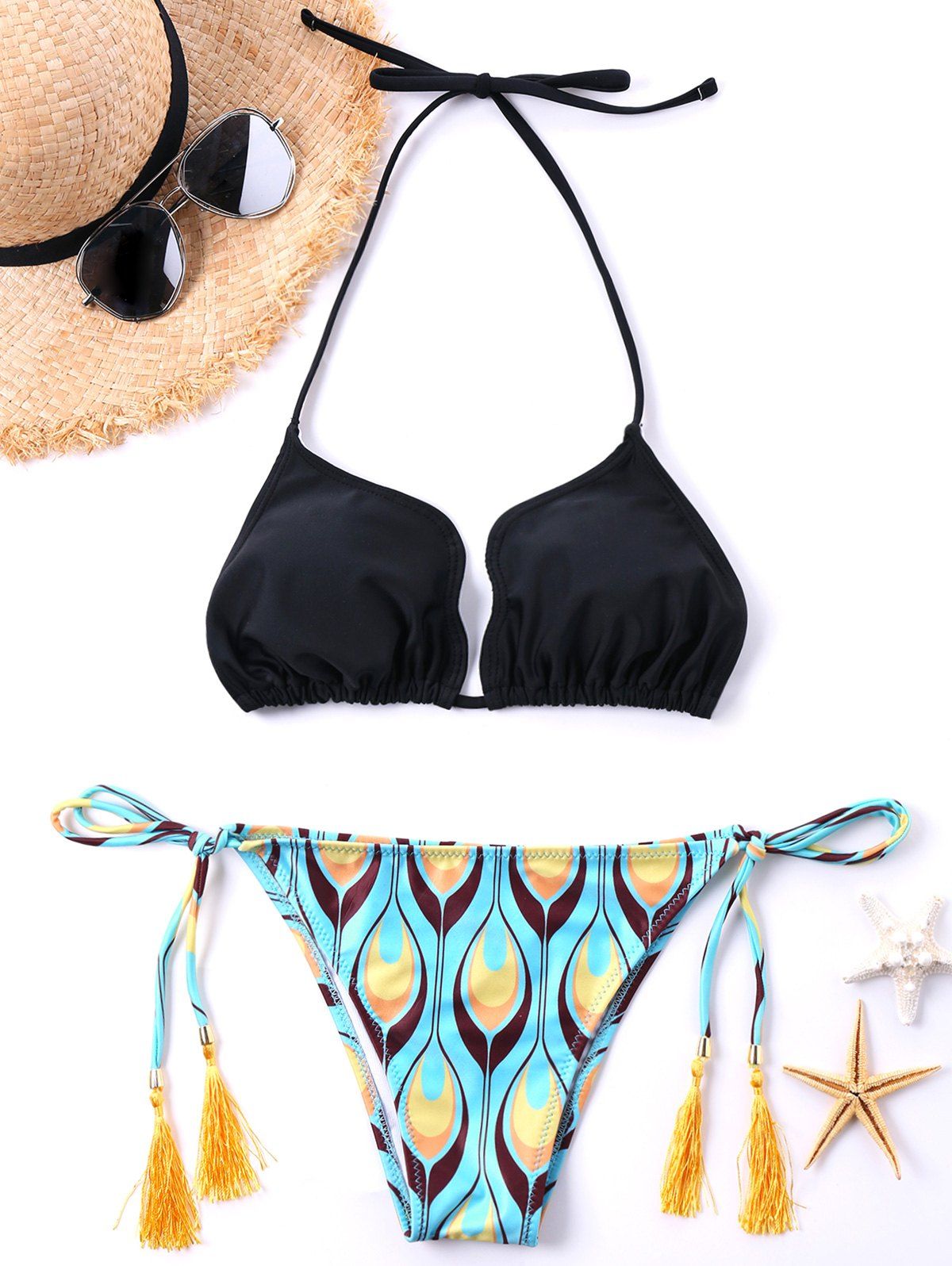 

Tassel Embellished Graphic Halter Neck Bikini Set, Black