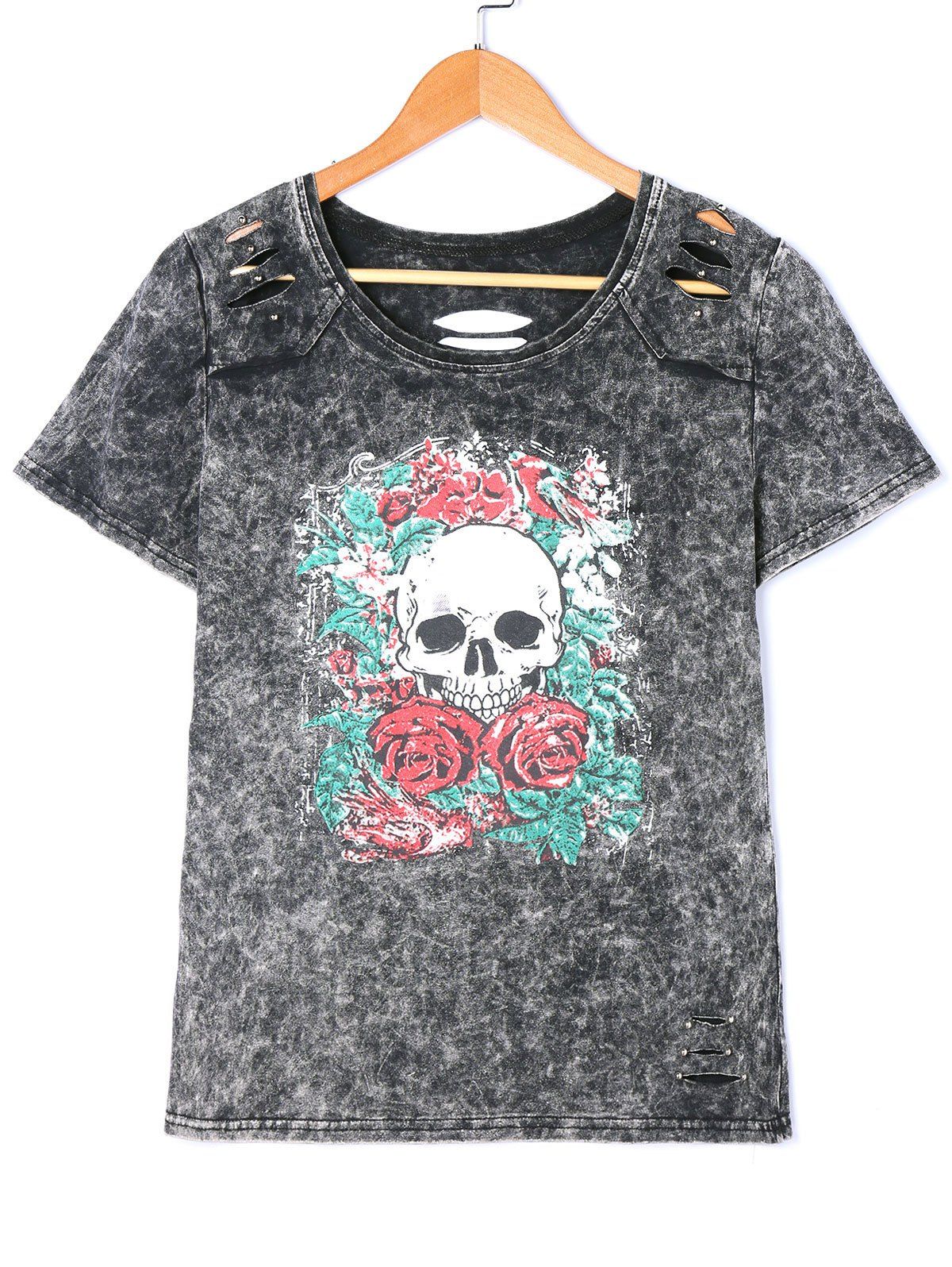 

Distressed Skull Print Washed Tee, Gray