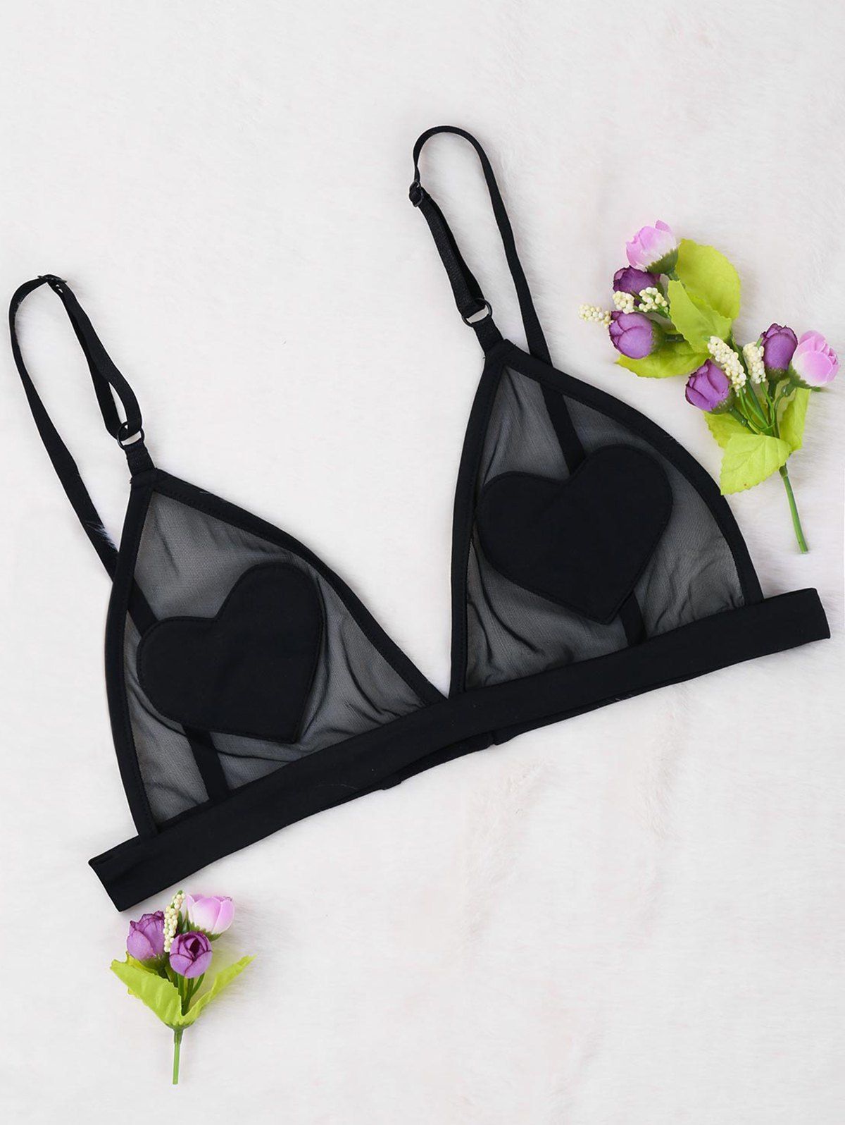 

Mesh Heart Patched Bralette, Black