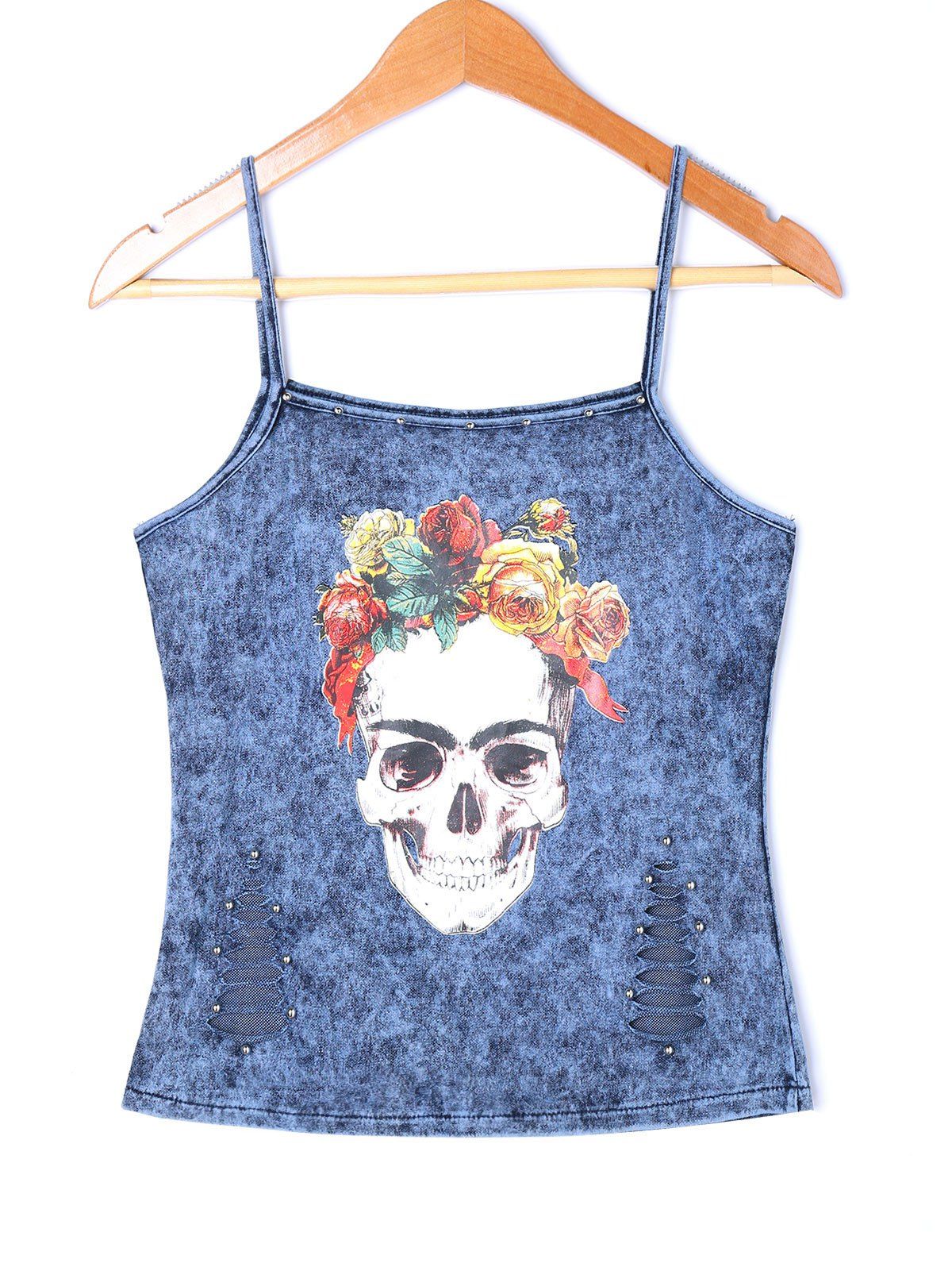 

Distressed Skull Rose Tank Top, Blue