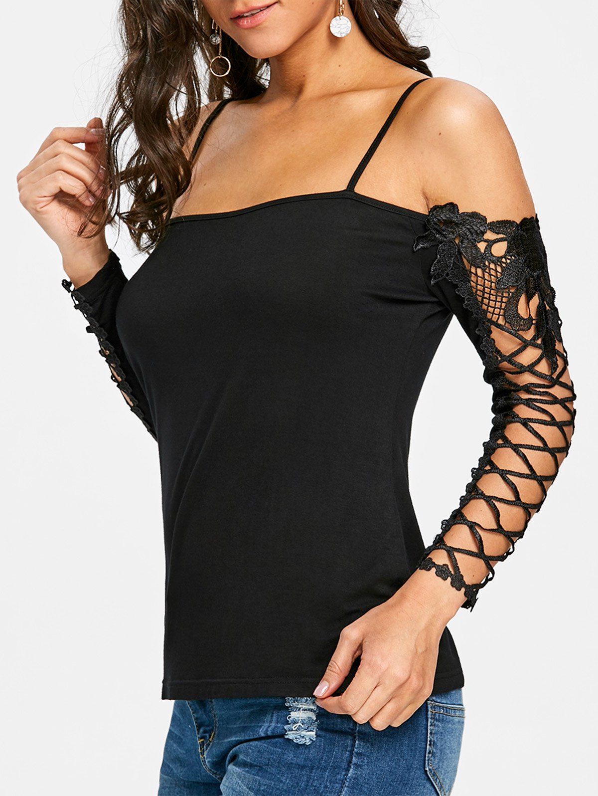 

Open Shoulder Criss Cross Lace Panel T-shirt, Black