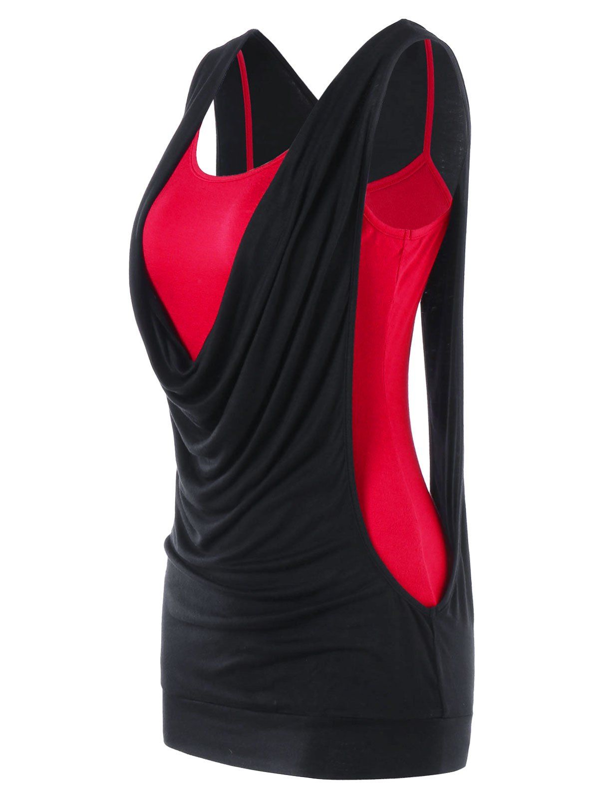 

Cowl Neck Panel Cut Out Tank Top, Black&red