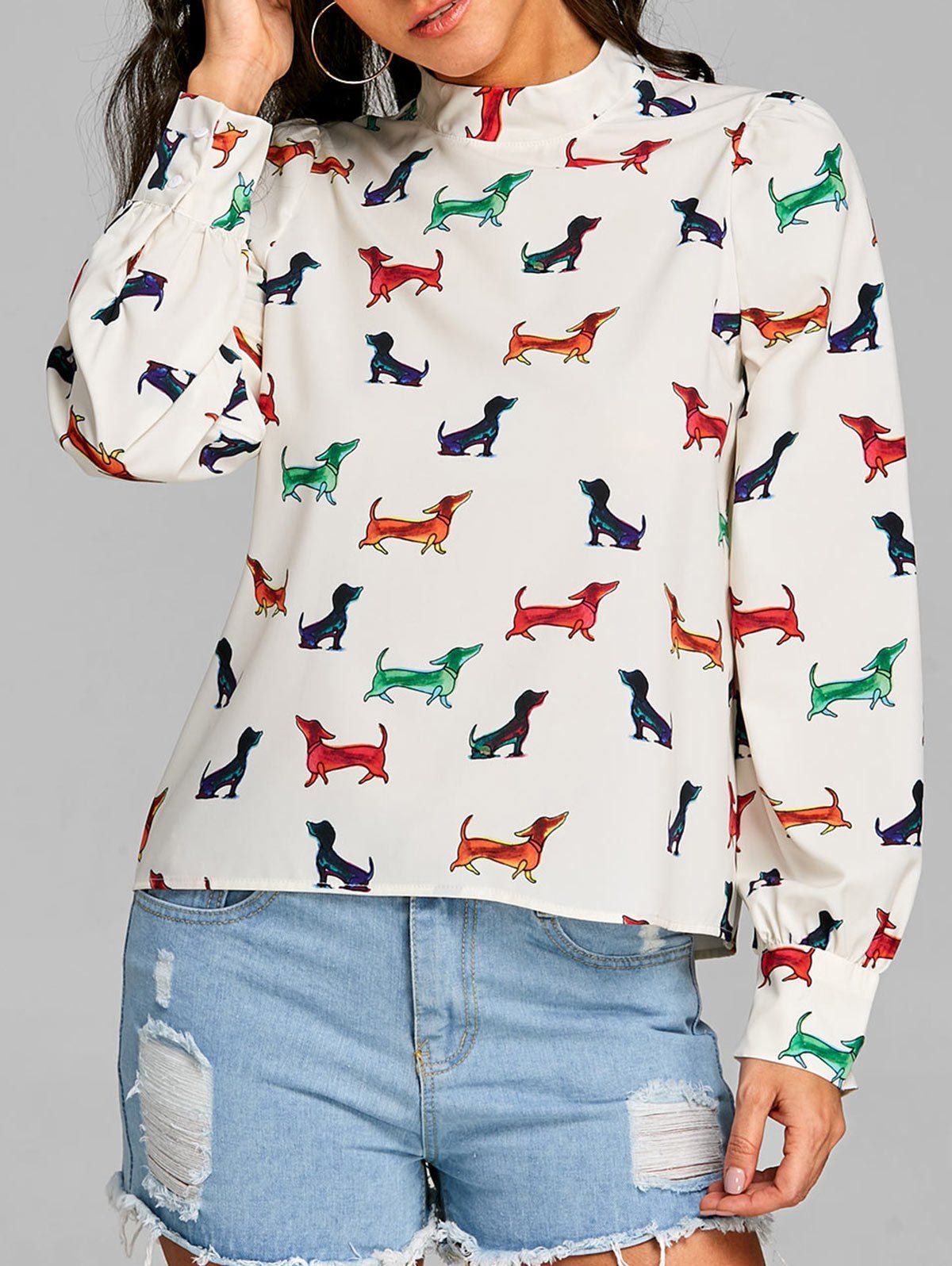 

Dog Printed Long Sleeve Blouse, Colormix