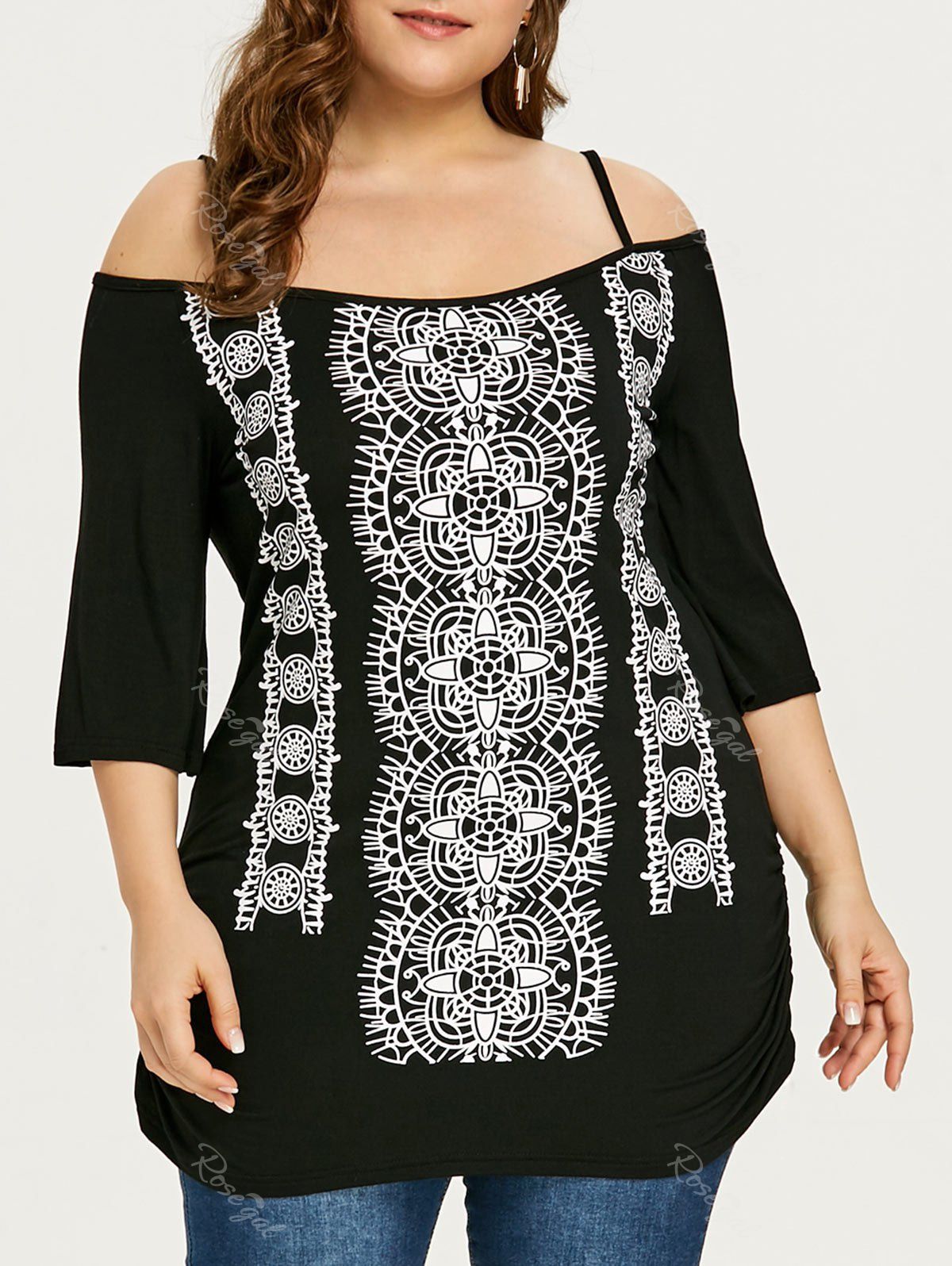 

Plus Size Cold Shoulder T-shirt with Print, Black