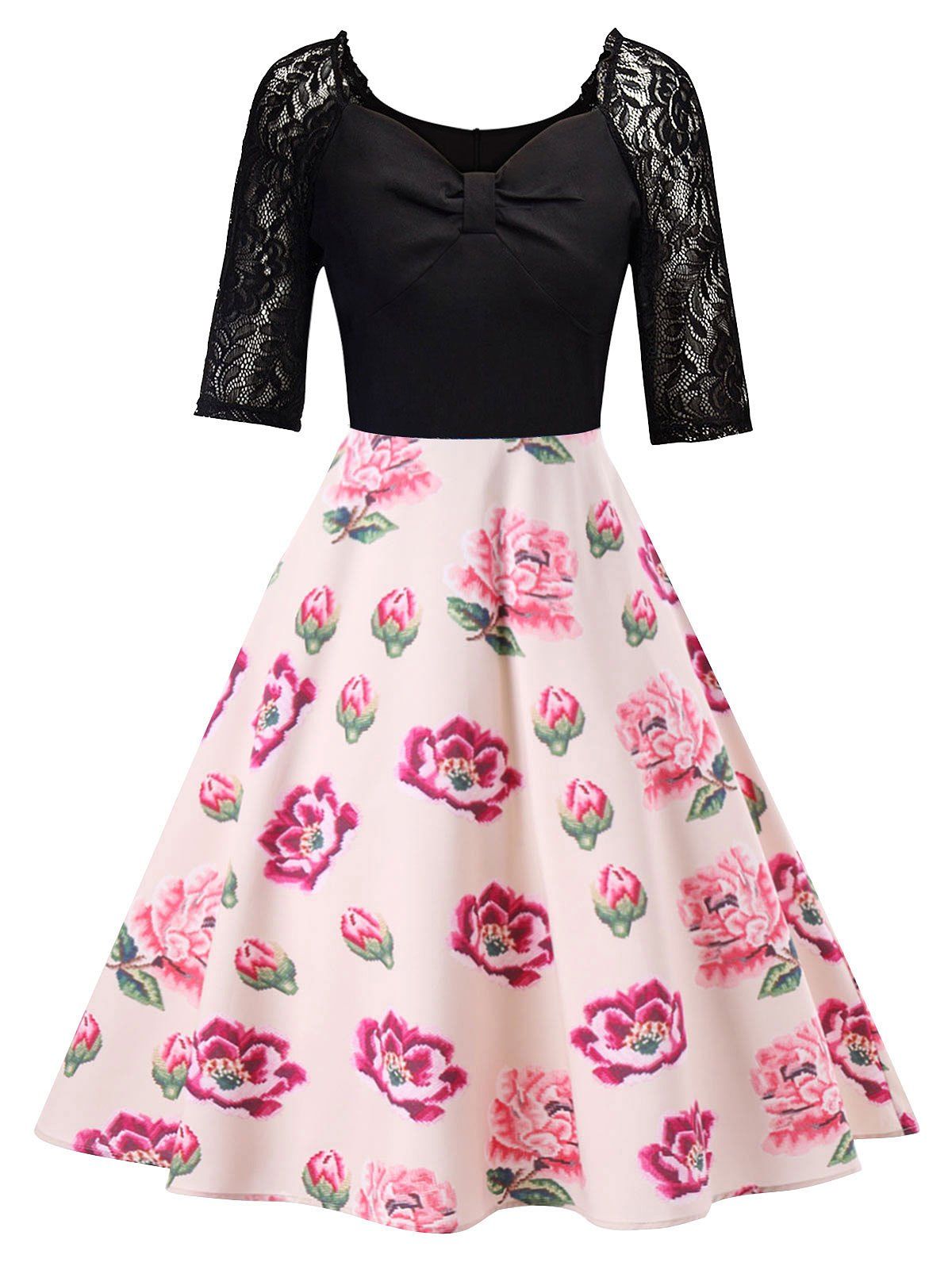 

Flower Print Lace Sleeve Flare Dress, Colormix