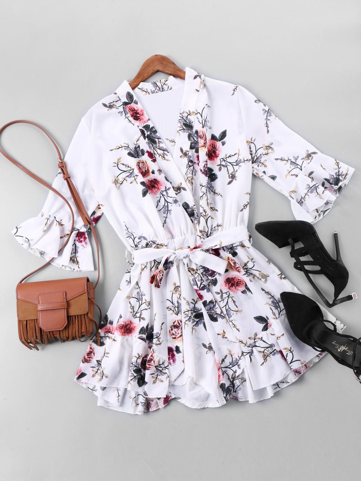 

Floral Print Belted Faux Wrap Romper, Colormix