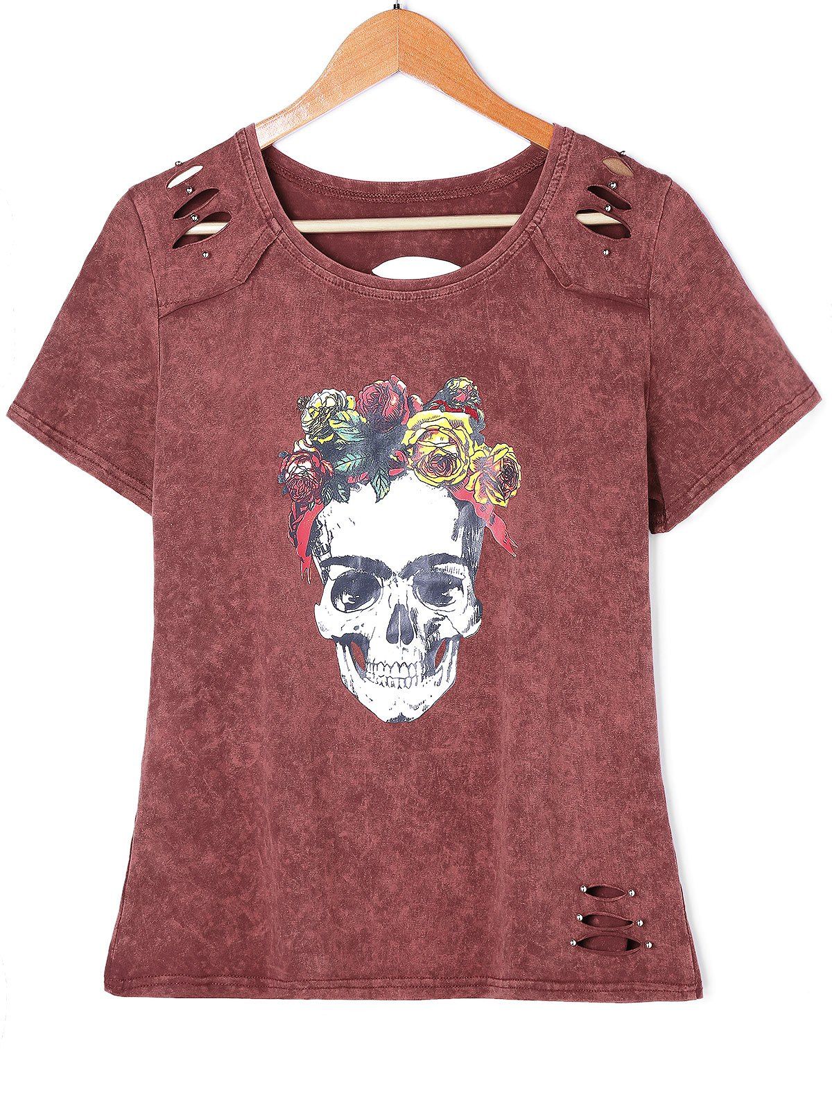 

Distressed Rose Skull T-shirt, Brick-red