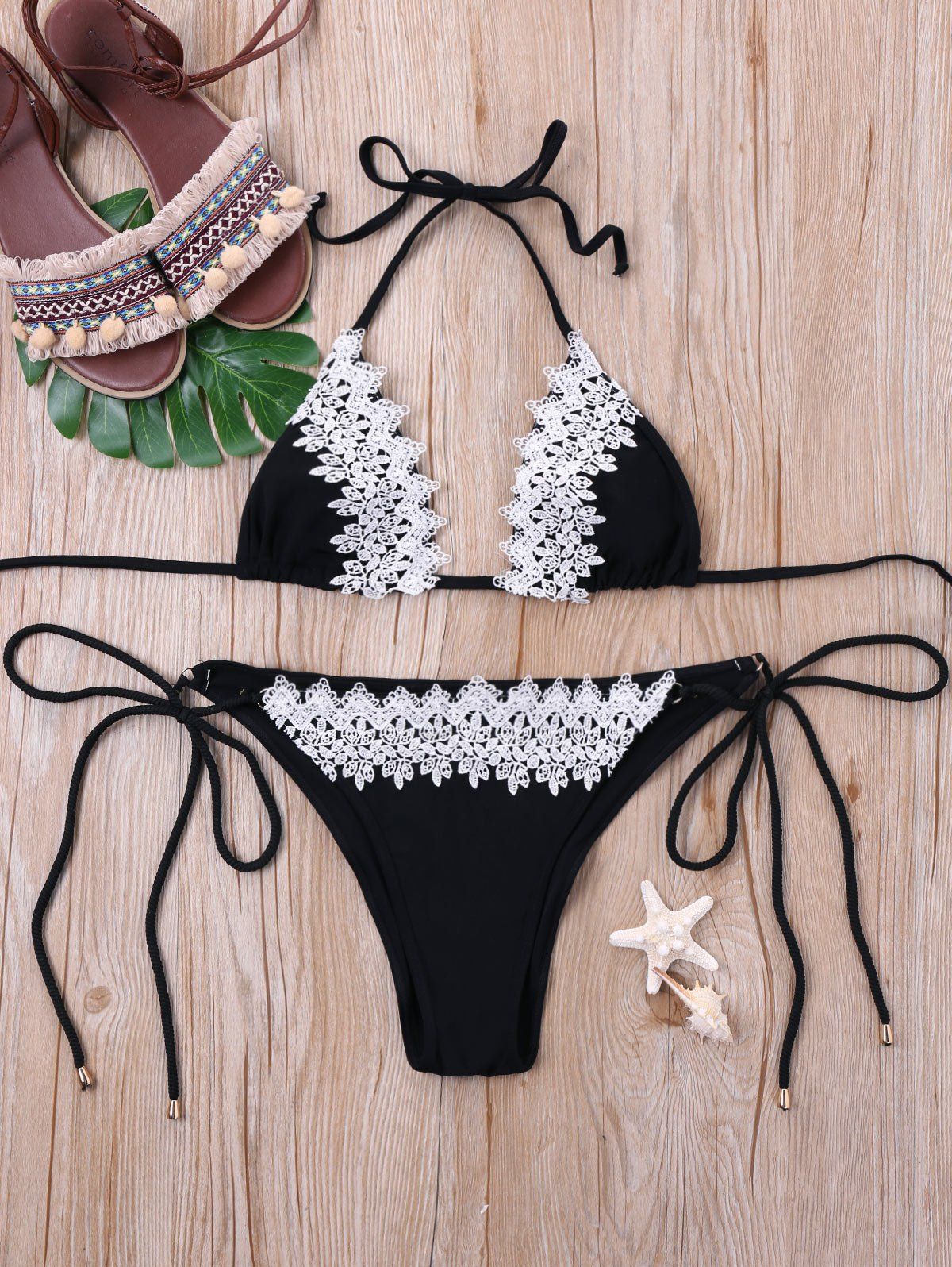 

Halter Lace Two Tone Bikini Set, Black