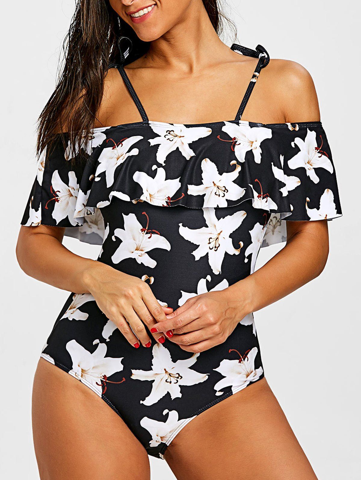 

Lily Off The Shoulder Flounce One Piece, Black