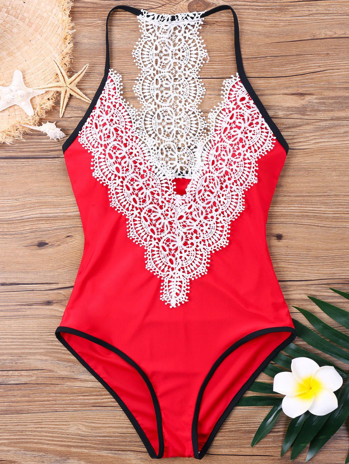 [50 OFF] Lace Low Cut One Piece Swimwear Rosegal