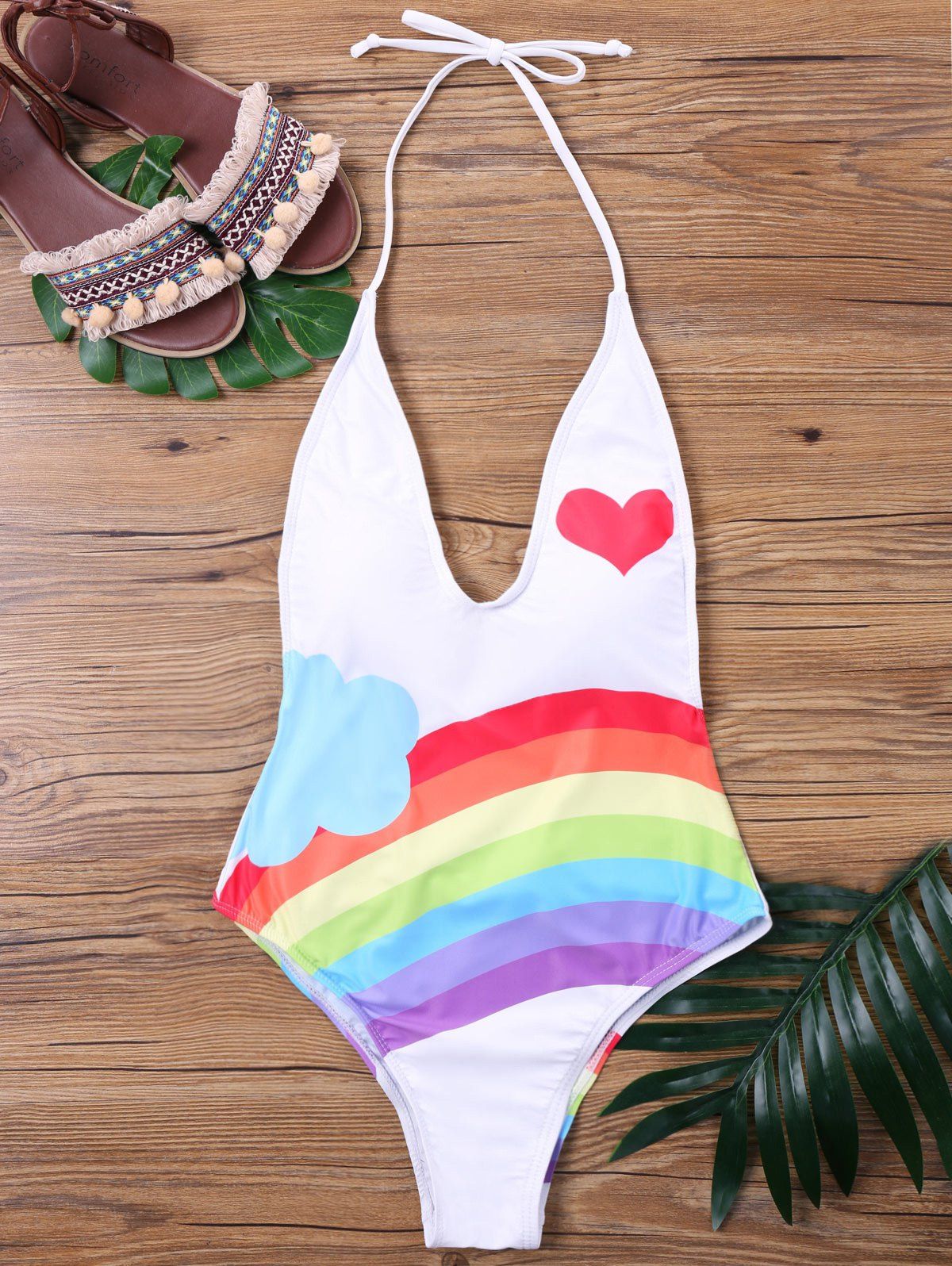 

One Piece Halter Neckline Rainbow Swimwear, Colormix