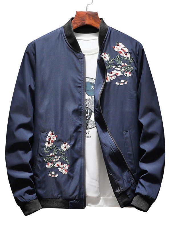 

Zip Up Floral Embroidery Bomber Jacket, Deep blue