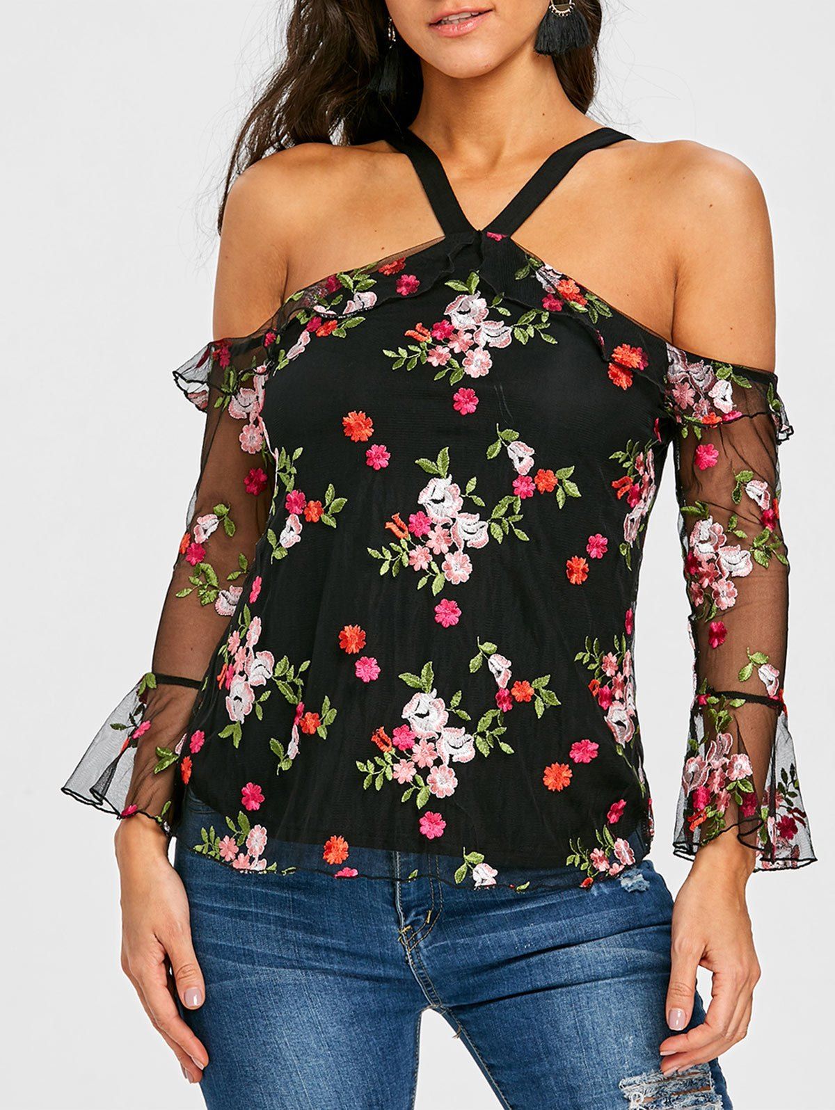 

Mesh Open Back Floral Embroidery Blouse, Colormix