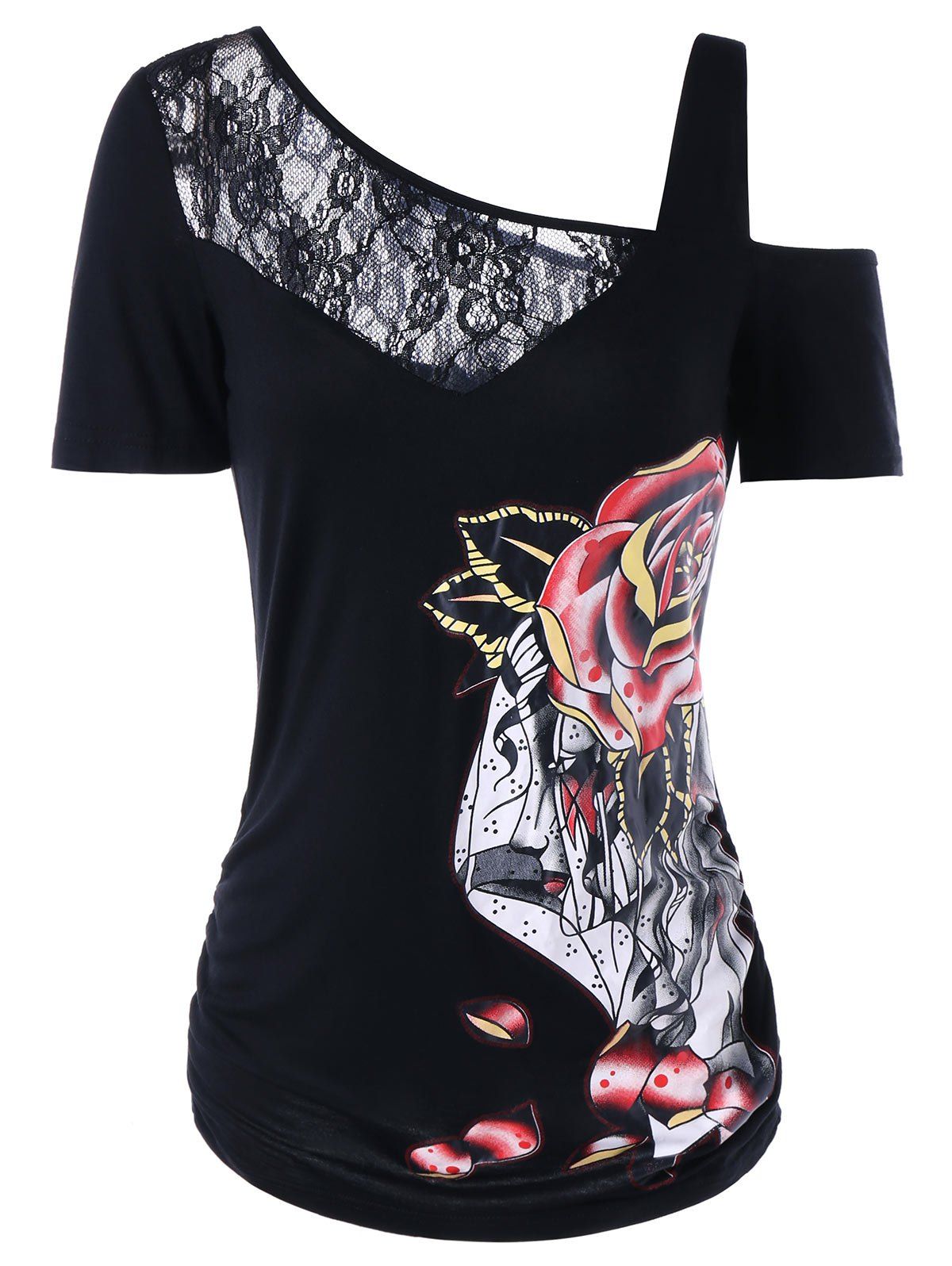

Lace Trim Print Cold Shoulder T-shirt, Black