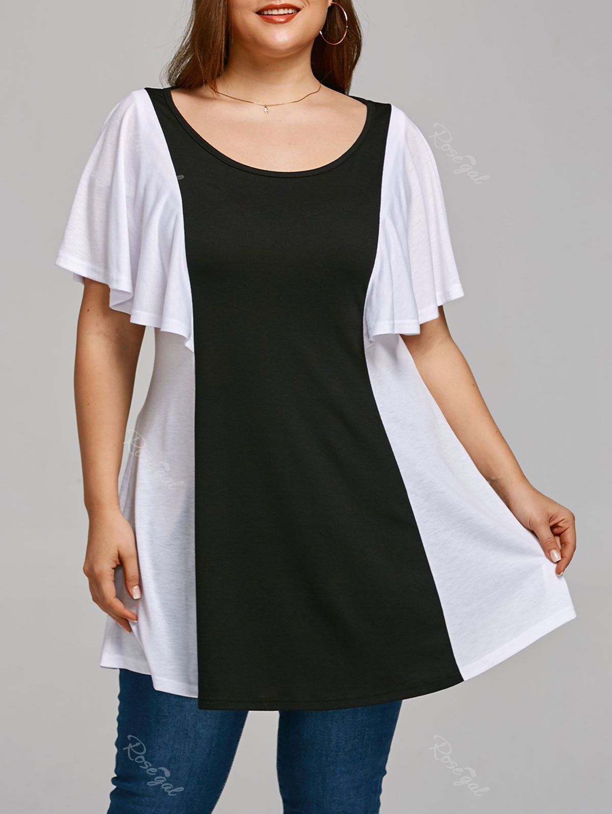 

Color Block Plus Size Flare Sleeve T-shirt, Black white