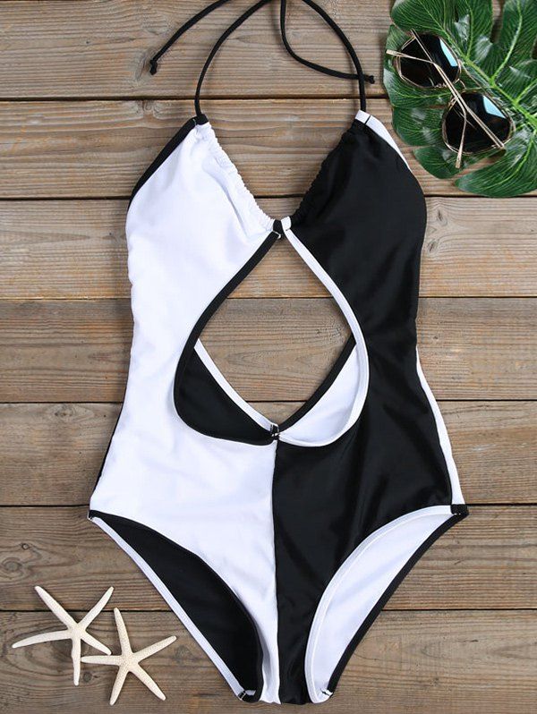 

Cut Out Monochrome Halter Swimwear, Black white