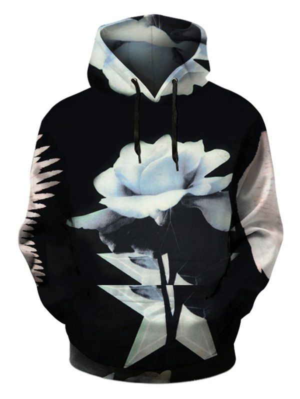 

Kangaroo Pocket Floral Print Pullover Hoodie, Black