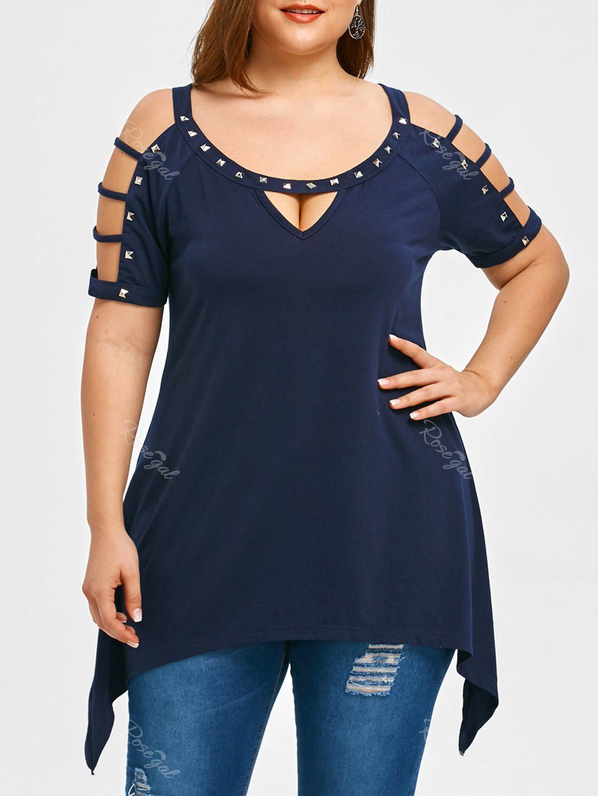 

Ladder Cut Sleeve Plus Size Tunic T-shirt, Purplish blue