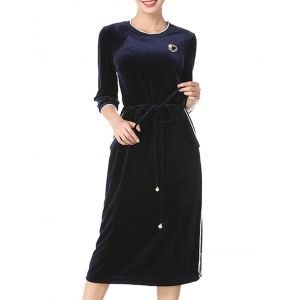 

Stripe Drawstring Velvet Midi Dress, Deep blue