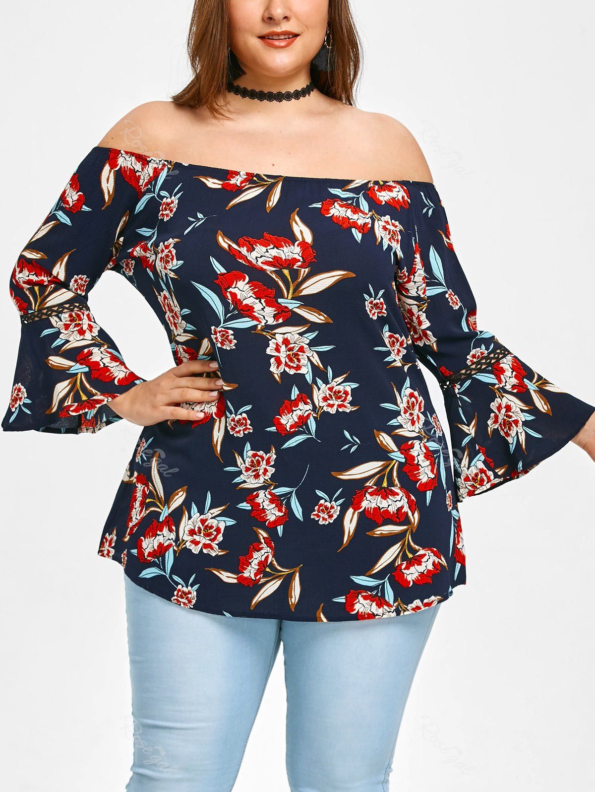 

Off Shoulder Plus Size Floral Blouse, Cerulean