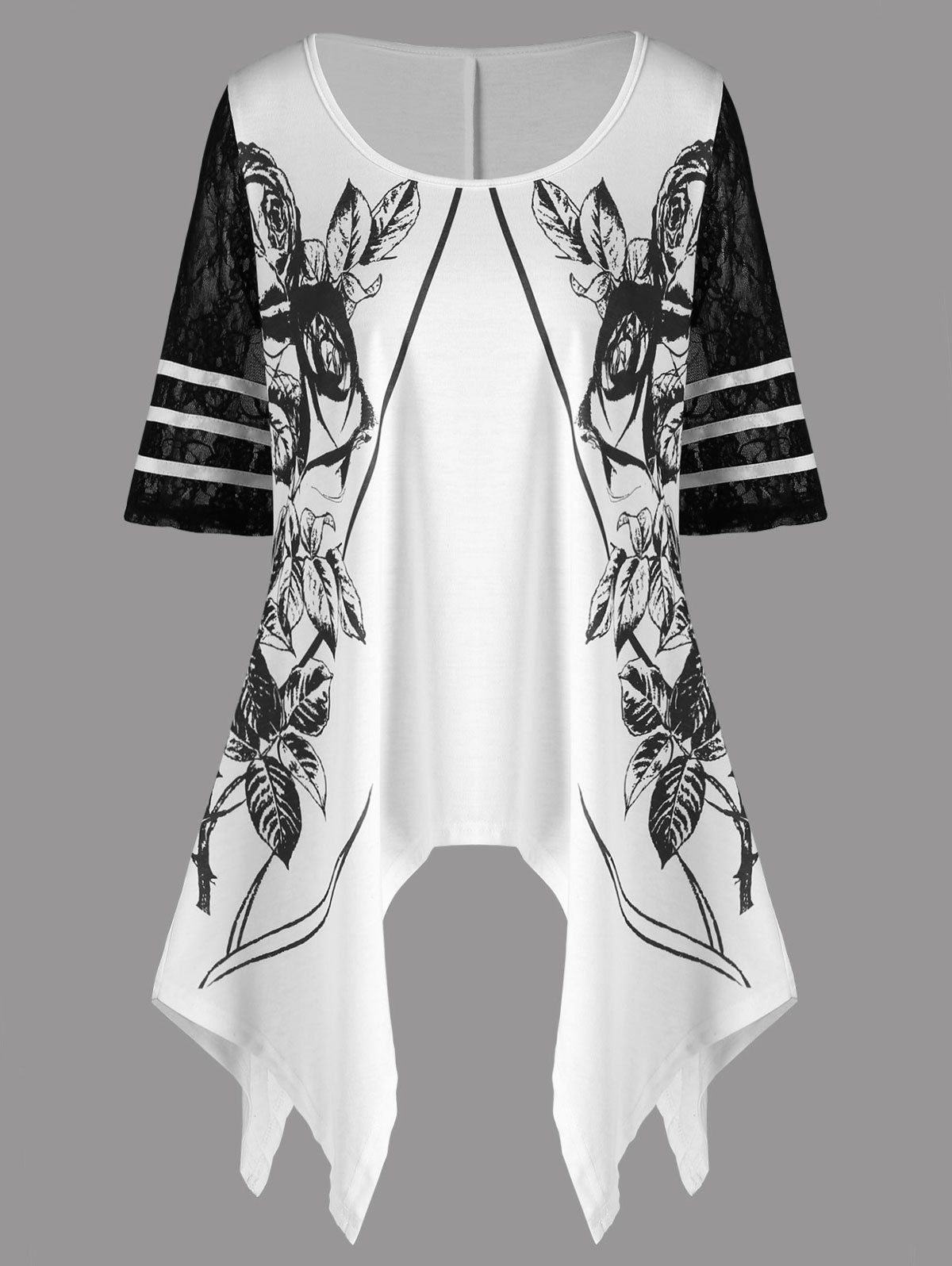 

Lace Panel Crescent Hem T-shirt, White and black