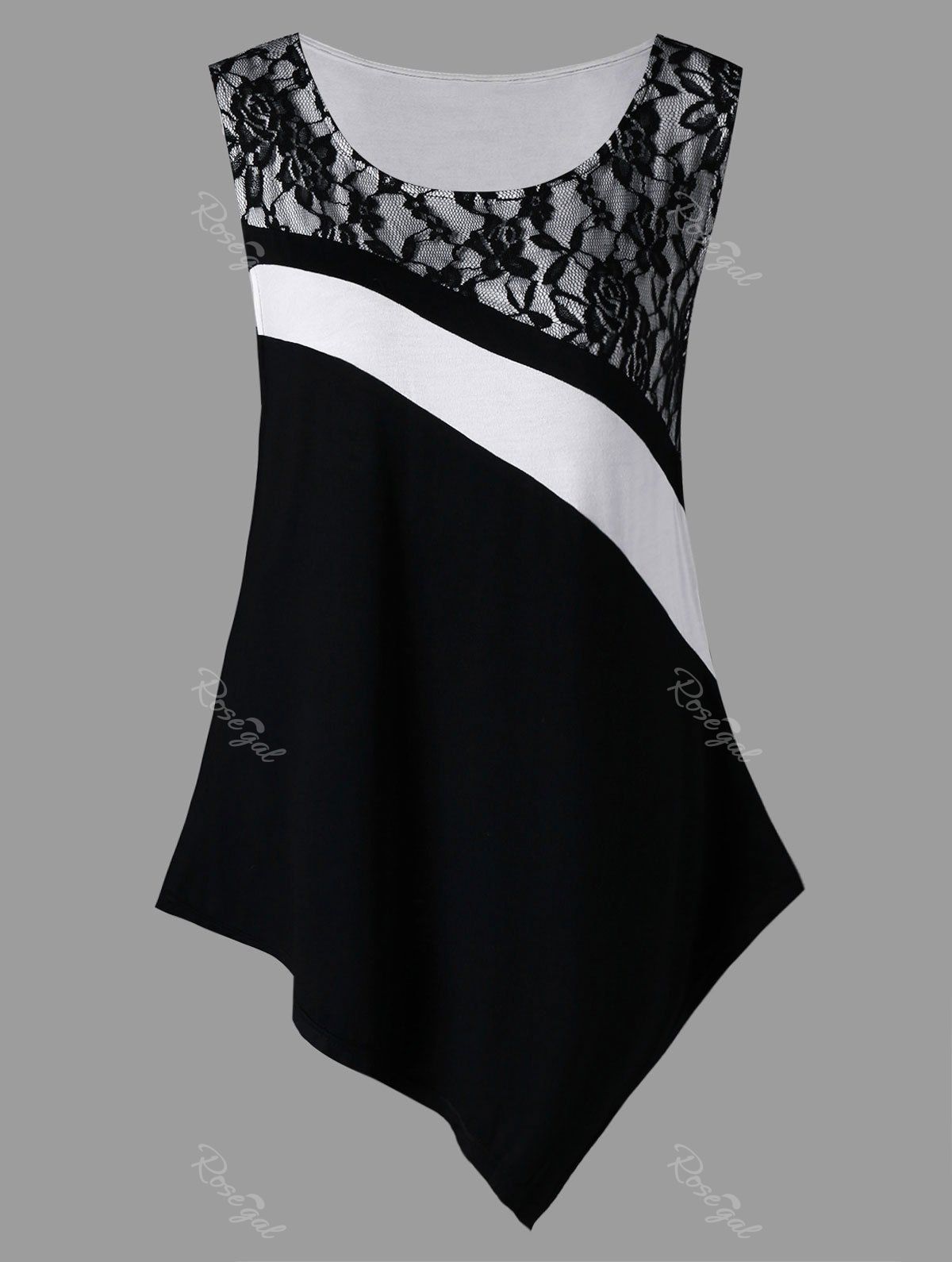 

Plus Size Lace Trim Asymmetric Tank Top, White and black