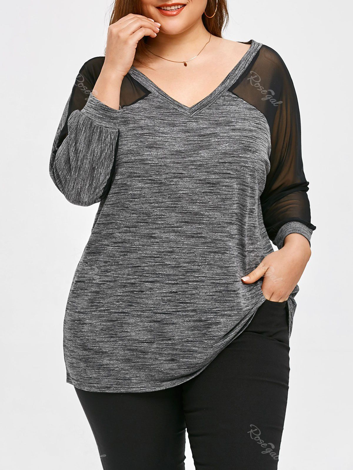 

Mesh Panel Plus Size Raglan Sleeve T-shirt, Linen gray