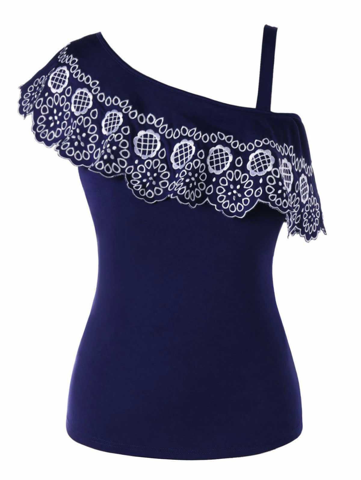 

Plus Size Overlay Embroidery Skew Collar T-shirt, Deep blue