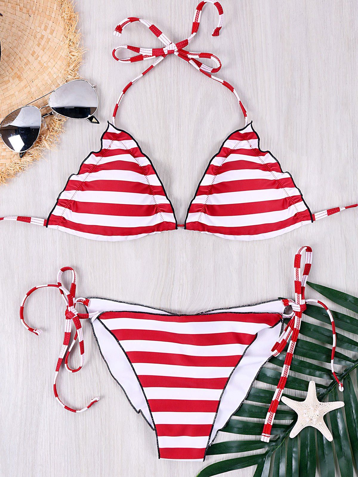 

Stripe Halter Neckline Scrunch Bottom Bikinis, Red stripe