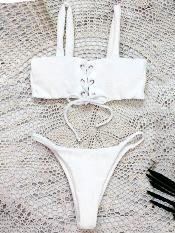 

Ribbed Straps Thongs Bikini Set, White