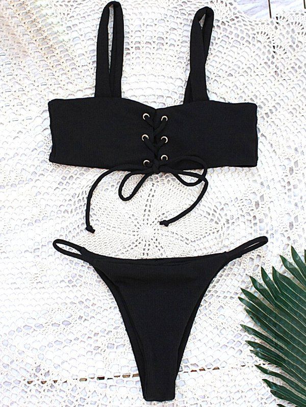 

Ribbed Straps Thongs Bikini Set, Black